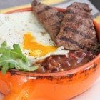 Ancho Grilled Breakfast Steak Over Fried Egg and Beans
