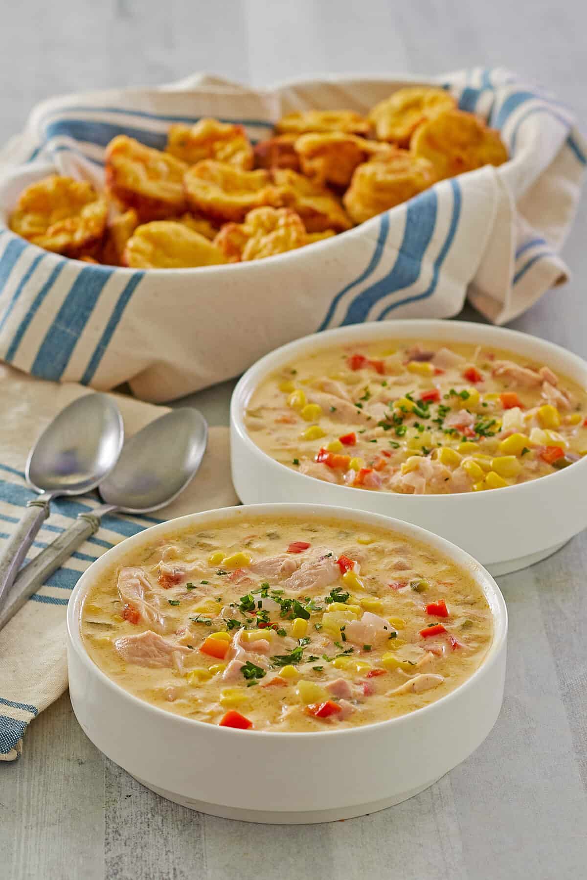 chicken corn chowder in serving bowls