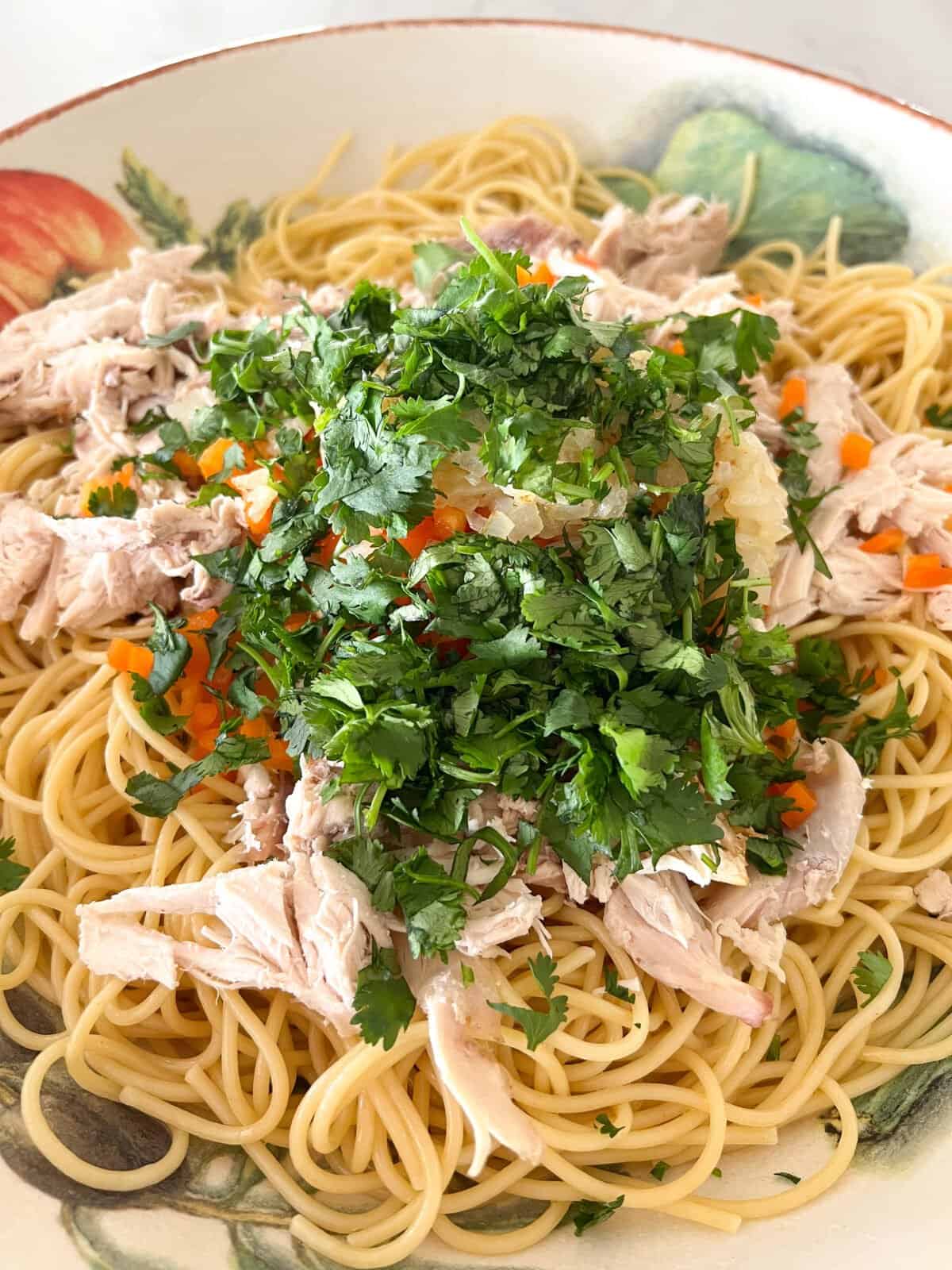 chicken and cilantro over noodles in bowl
