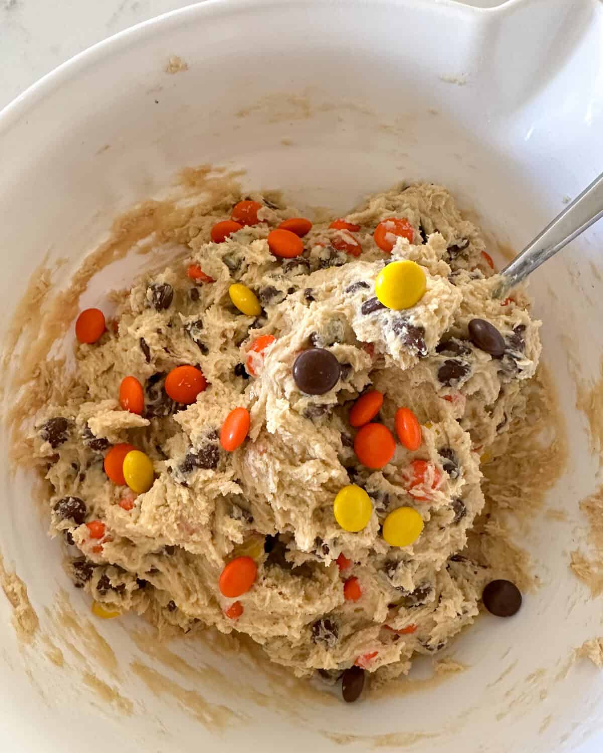 reese's pieces cookie dough in mixing bowl