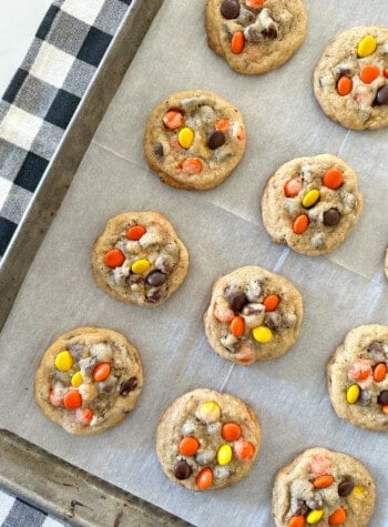 reese's pieces cookies baked on cookie sheet
