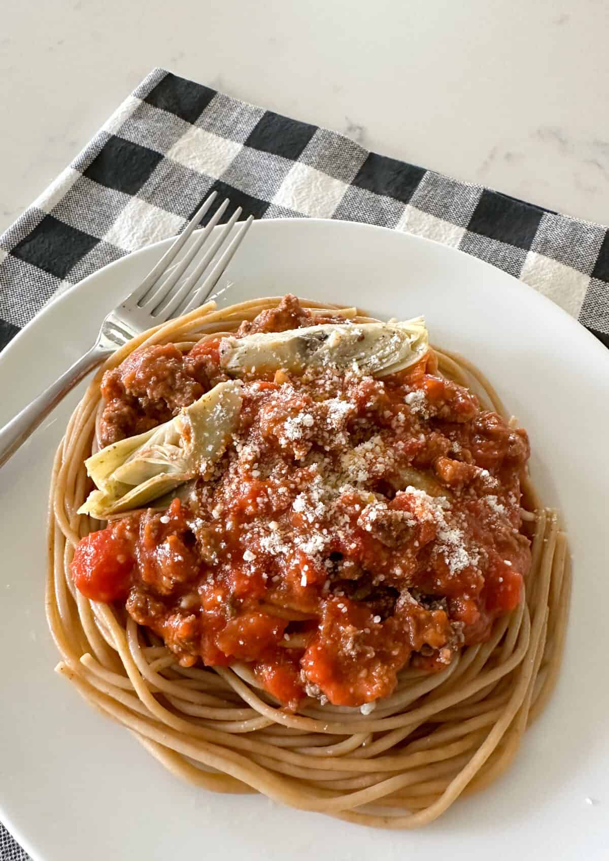 weeknight spaghetti on serving plate