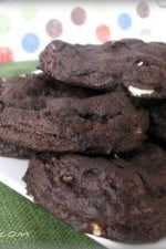 A pile of Double Chocolate Covered Pretzel Peanut Butter Cookies