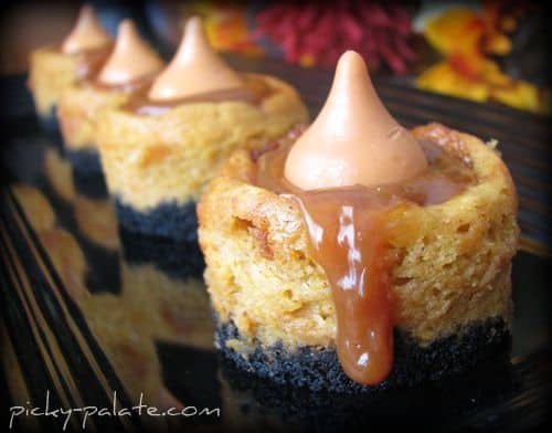 A Mini Pumpkin Cheesecake With Caramel Dripping Down the Side