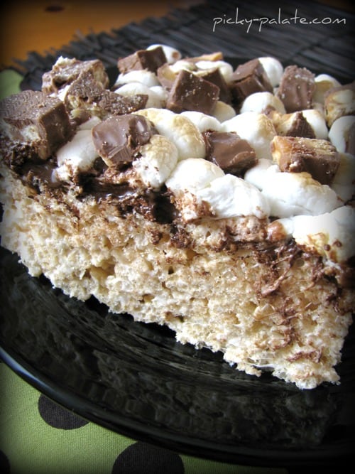 A Toasted Marshmallow Rice Crispy Treat on a plate.