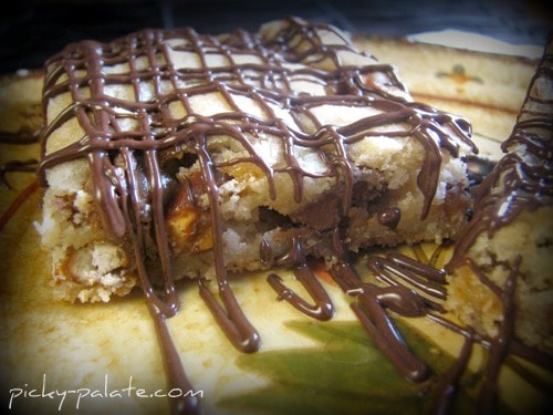 A Crunchy Reese's Cookie Bar topped with drizzled melted chocolate.