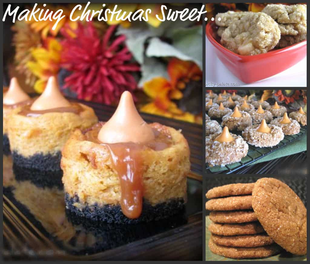 Collage of cheesecake bites, cookies, and pumpkin spice blossoms.
