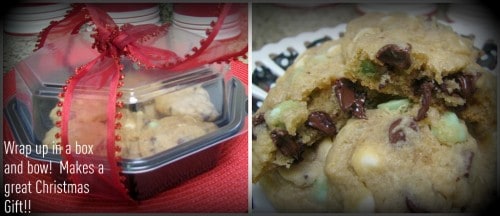Side by side photos of cookies wrapped in a gift box and mint chocolate chip cookies.
