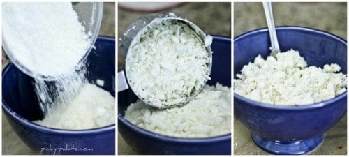 Photo collage of ricotta cheese is combined in a bowl with other cheeses.