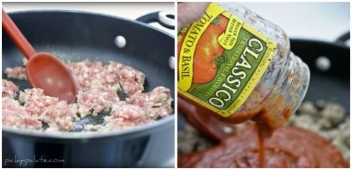 Photo collage of Italian sausage being browned in a skillet, next to an image of tomato sauce being added into the skillet with the sausage.