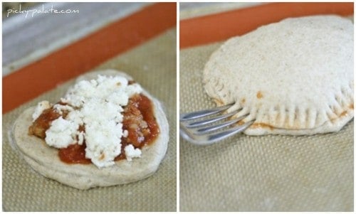 Photo collage showing an image of pizza dough topped with lasagna filling and cheese, next to a second image of a fork being used to seal the stuffed pizza dough closed.