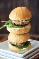 Two Turkey Burger sliders stacked on a plate.