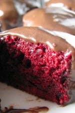 Red velvet heartcakes drenched in chocolate.