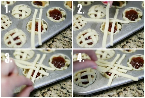 Photo collage showing how to make the lattice crust for mini pies.