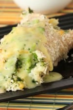Mashed potatoes and broccoli rolled in breaded chicken.