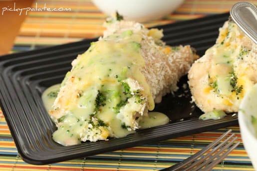 Mashed potatoes and broccoli rolled in breaded chicken.