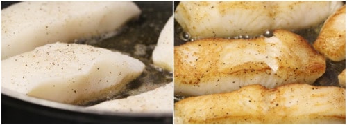 Photo collage of sea bass fillets being seared in a pan.