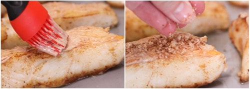 Photo collage of sea bass fillets being brushed with Dijon mustard and crusted with pecan crumbs.