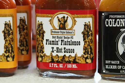 A Jar of Flamin' Flatulence Extra Hot Sauce on a Shelf