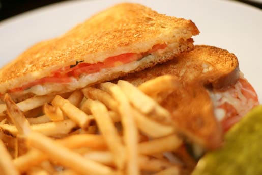 A Plate Full of Fries and a Tomato Basil Grilled Cheese Sandwich