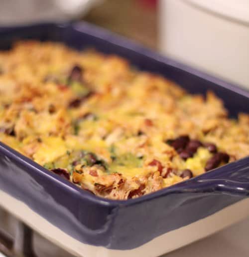 Mexican chicken rice bake in a casserole dish.