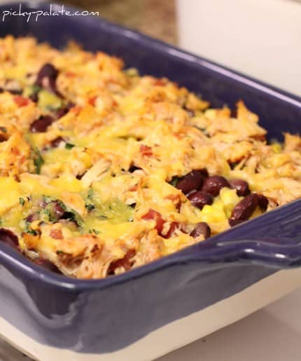 Mexican chicken rice bake in a casserole dish.