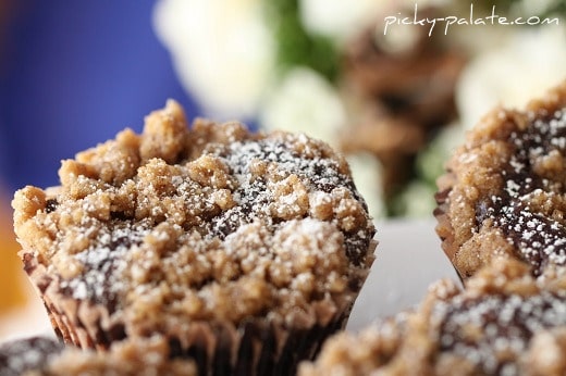 The tops of a few Chocolate Crumb Topped Cupcakes.