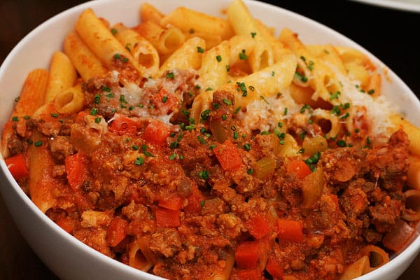 A Big White Bowl of Penne Bolognese