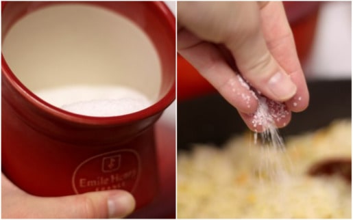 Collage of salt being sprinkled over a Mexican chicken and rice bake.