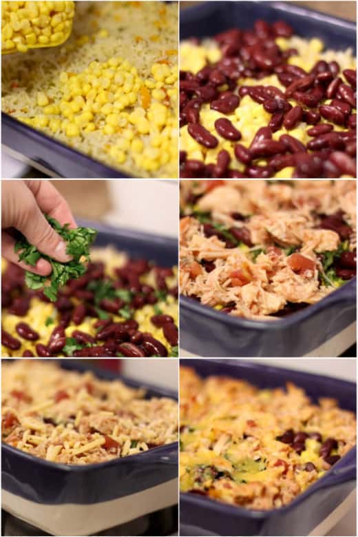 Photo collage showing the assembly of a Mexican chicken rice casserole.
