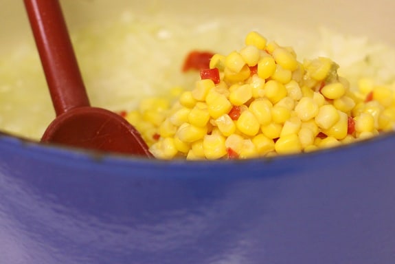 Canned Corn with Peppers in a Purple Pot