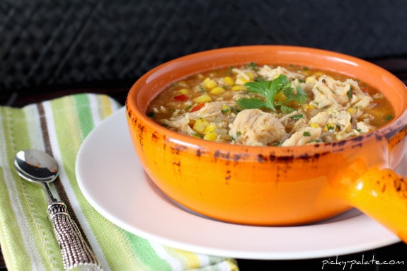 An Orange Crock of BBQ Chicken Pizza Soup