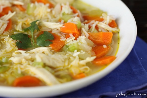 Homemade Ranch Chicken and Rice Soup served in a white bowl.