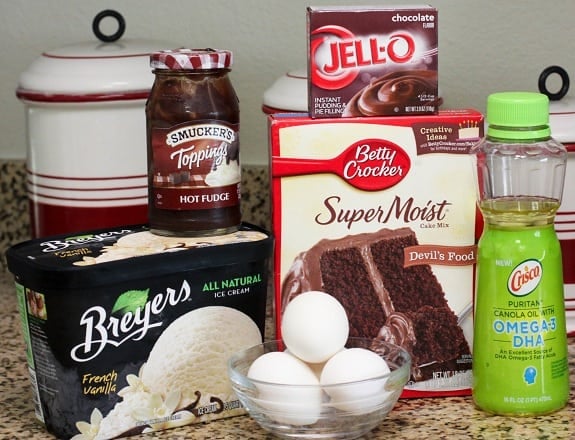 The ingredients for an ice cream sundae chocolate layer cake.