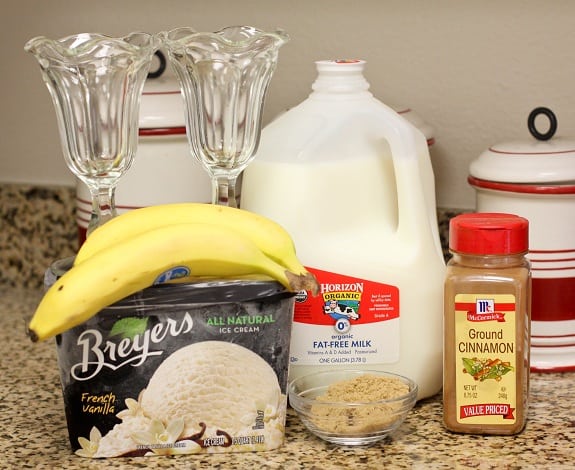 Bananas, Milk, Ice Cream, Cinnamon, Brown Sugar and Milkshake Glasses