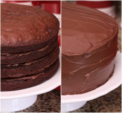 Photo collage of an unfrosted and then frosted chocolate cake.