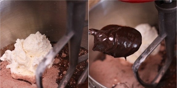 Photo collage of ice cream and chocolate fudge being added into the batter for chocolate cake.
