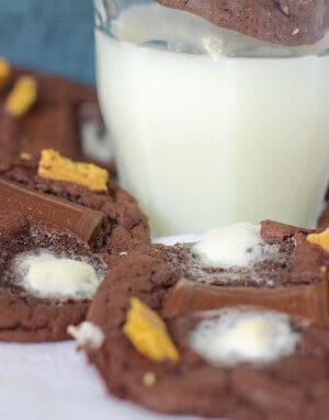 5 Chocolate Cake S'Mores Cookies surrounding a glass full of milk.