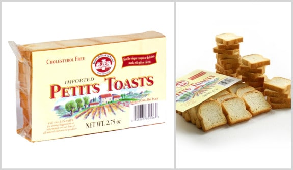 Side-by-side images of a box of Petits Toasts and the mini toasts outside of the package.