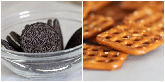 Side by side images of Oreos in a small glass bowl, and scattered square pretzels.