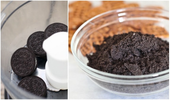 Photo collage of Oreos in a food processor, and a bowl of crushed Oreo crumbs.