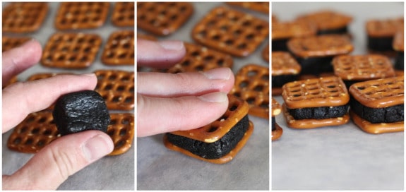 Photo collage showing how to assemble Oreo Cheesecake Pretzel Bites