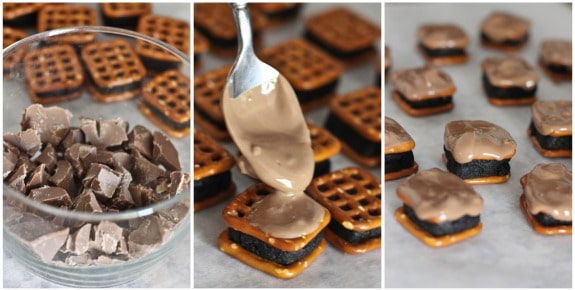 Photo collage showing how to melt and drizzle chocolate overtop of Oreo Cheesecake Pretzel Bites