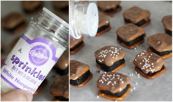 Side by side photos of white nonpareils being sprinkled over Oreo Cheesecake Pretzel Bites