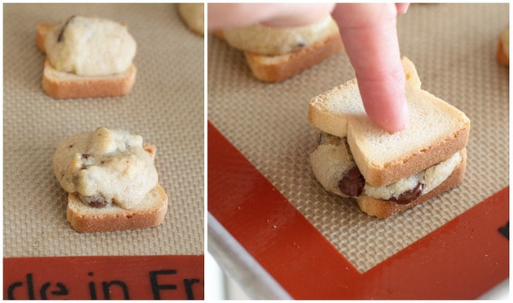 Photo collage of mini chocolate chip sandwiches being assembled.