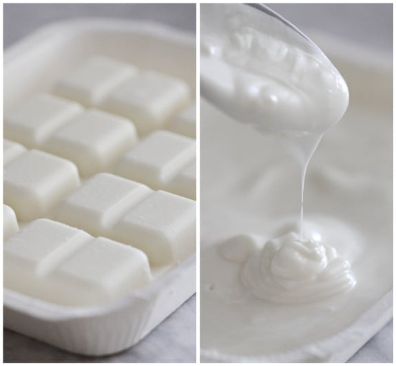 Photo collage of melting vanilla candy melts.