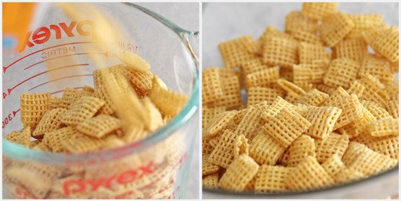 Photo collage of Chex mix cereal being adding into a mixing bowl.