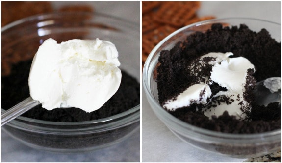 Side by side images of cream cheese being added into Oreo crumbs.