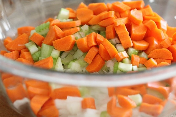 vegetables in bowl for chicken and rice casserole