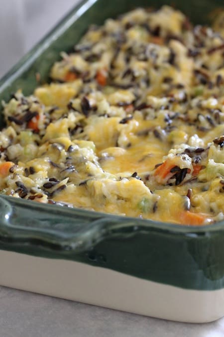 chicken and rice casserole in baking dish